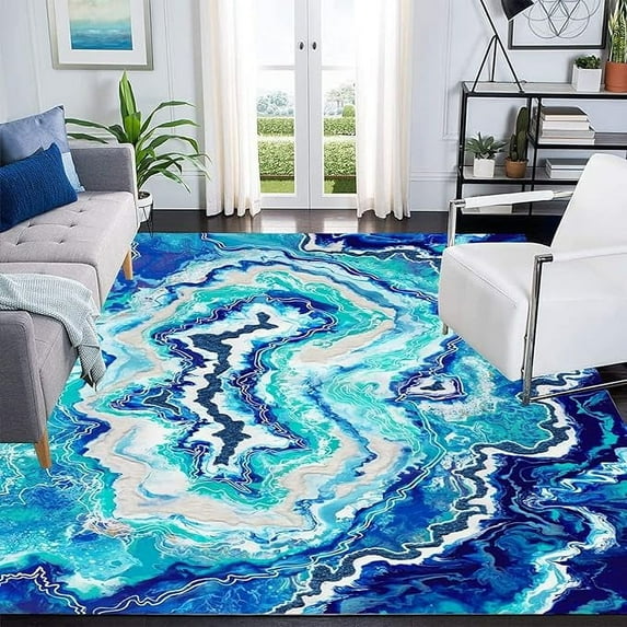 Dark Blue Teal Marble Swirl Area Rug For Living Room Bedroom, Modern Abstract Soft Washable Carpet, Indoor Decorative Rugs With Non-Slip Backing 5 x 6ft