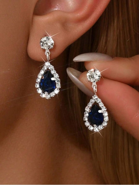 Dark Blue Teardrop Dangle Earrings With Cubic Zirconia Halo, 2-Piece Set