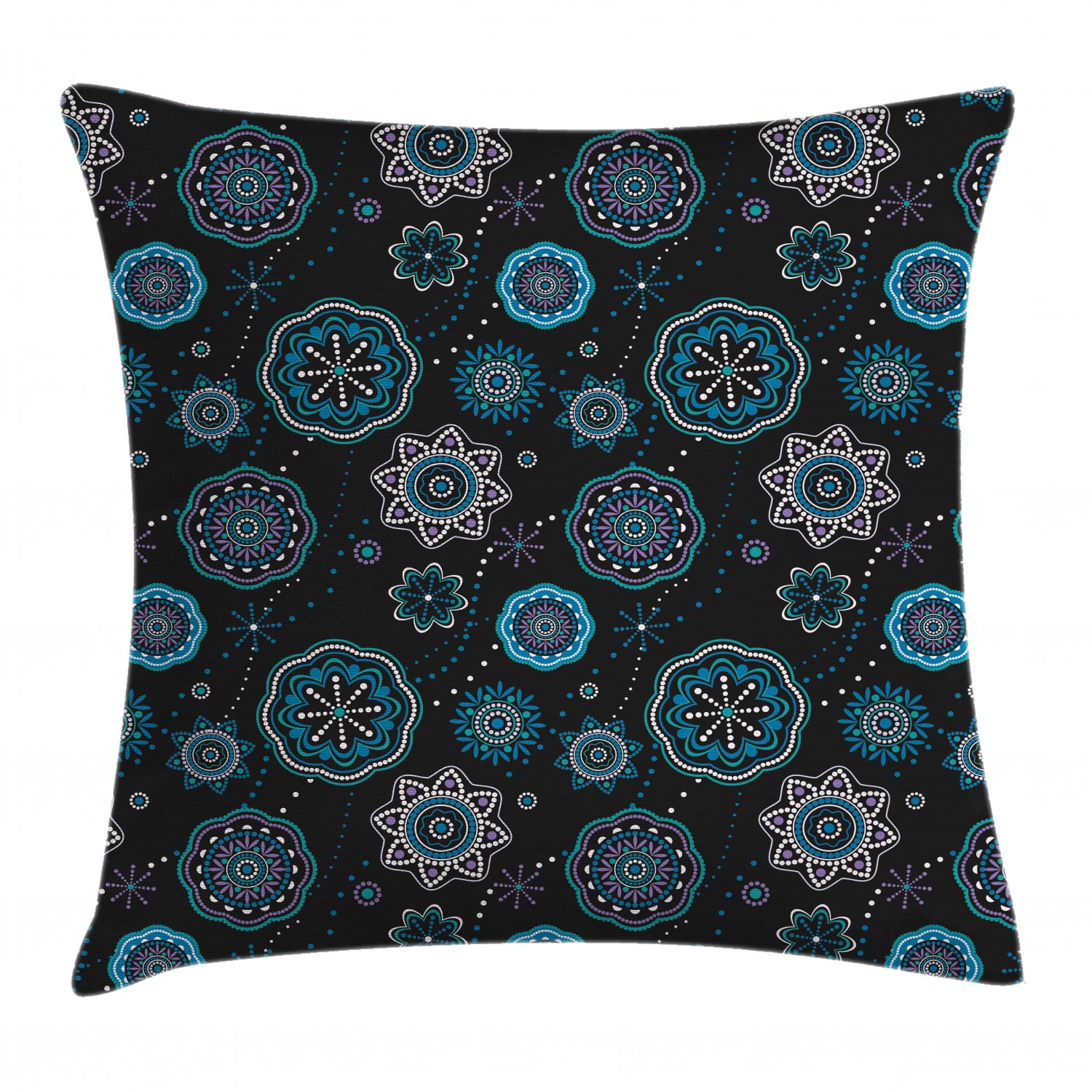 Dark Blue Throw Pillow Cushion Cover, Decorative Snowflakes Ethnic Kaleidoscopic Asian Mandala ...
