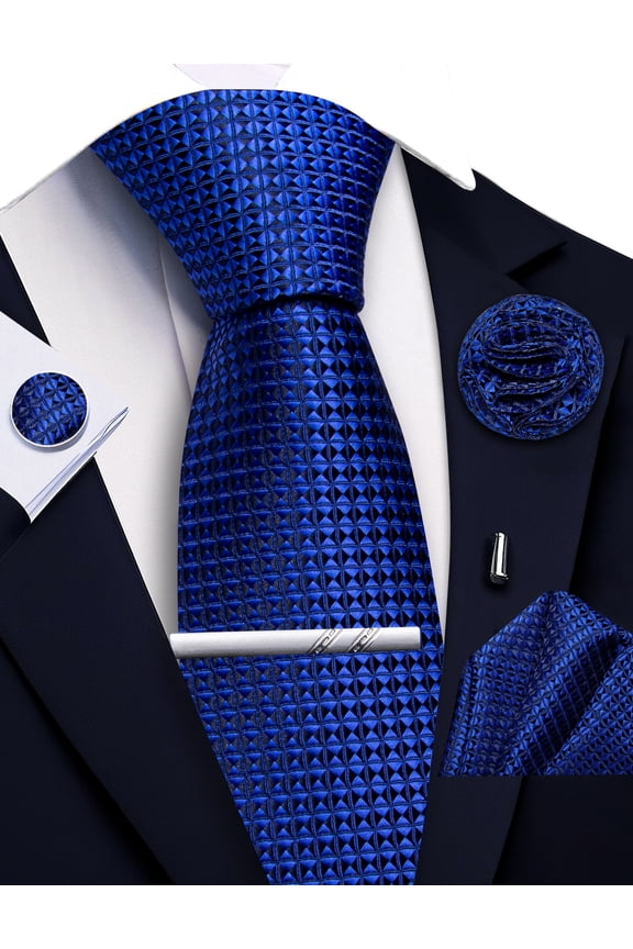 Men's Necktie 5-Piece Set, Dark Blue Plaid Checkered