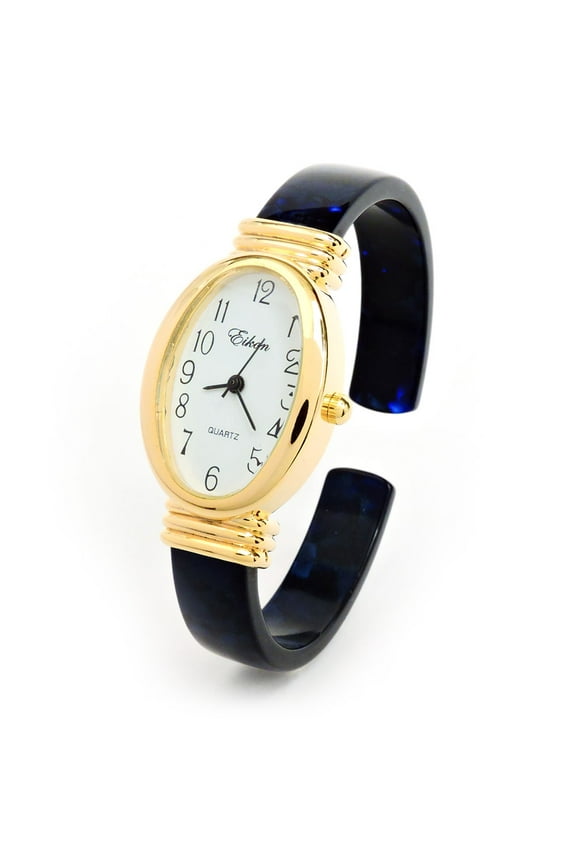 Dark Blue Tortoise Gold Acrylic Band Oval Face Women's Bangle Cuff Watch