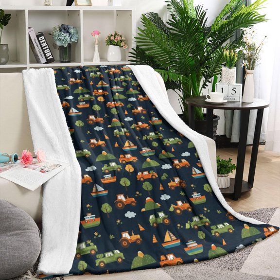 Dark Blue Tractor Boat Car Pattern Blanket,Comfortable Soft Lamb Wool Throw Blanket,All Season,Warm Lightweight Blankets for Sofa Bed Couch Living Room Chair,40"x50"