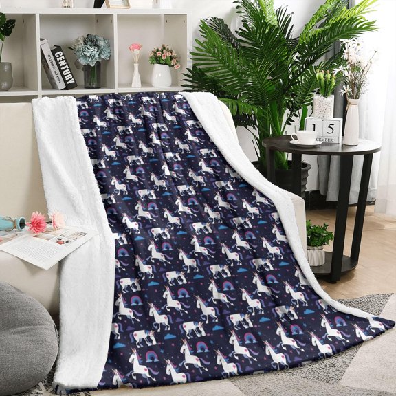Dark Blue Unicorn Moon Pattern Blanket,Comfortable Soft Flannel Throw Blanket,All Season,Warm Lightweight Blankets for Sofa Bed Couch Living Room Chair,50"x60"