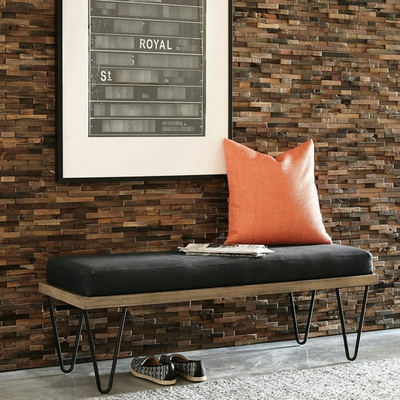 Dark Blue Upholstered Backless Bench - Mid-century Modern Aesthetic Appeal Black And Natural Finish With Seat