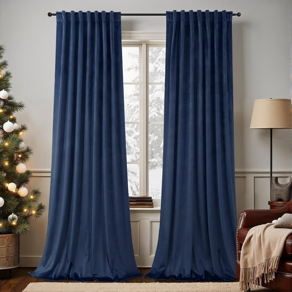 Long Valance Dark Blue Velvet Curtains 96 Inch Long 2 Panels Thermal Insulated Navy ...