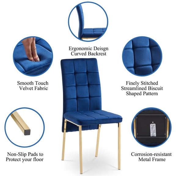 Dark Blue Velvet High Back Nordic Dining Chairs with Golden Legs - Set of 4 Modern Fabric Kitchen Chairs - Ergonomic, Comfortable Foam Seat for Dining Room, 300LBS Capacity