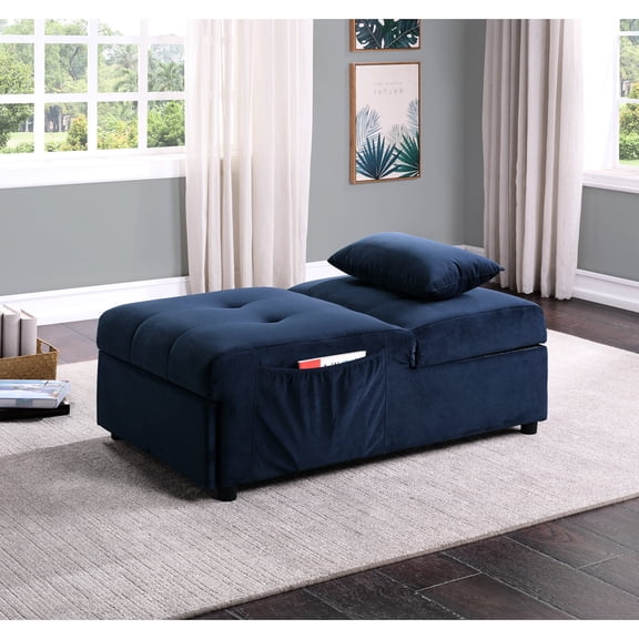 Dark Blue Velvet Pull-out Bed Storage Bench - Solid Wood And Practical Function For Home Living With Hidden Modern Chic Look