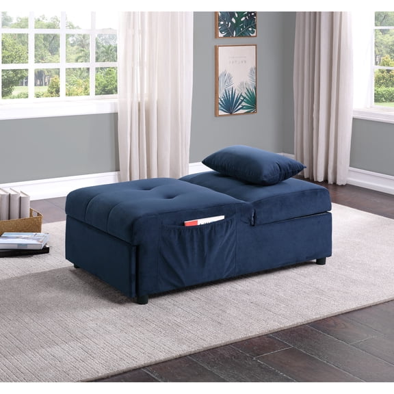Dark Blue Velvet Solid Wood Bench With Pull-out Sleeping Area - Adjustable Lift Top And Cozy Sitting Experience Upholstered Storage Bed For Functional Home Space