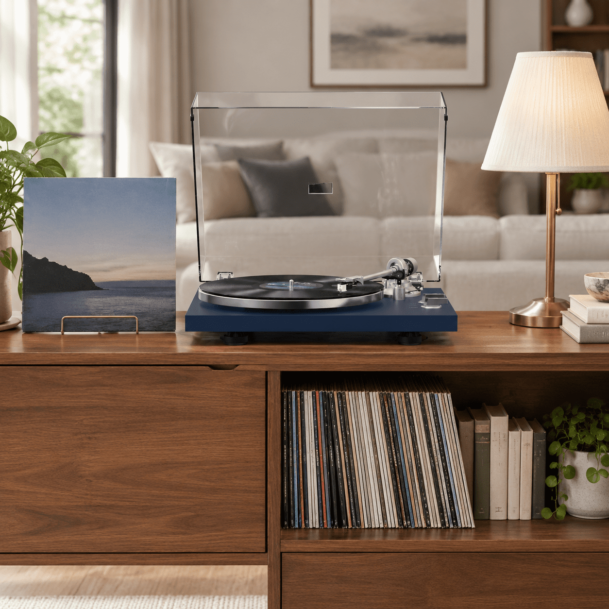Output Sign Blue Dark Blue Vintage Vinyl Record Player Turntable with BT Wireless Output ...