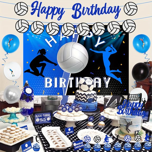 Dark Blue Volleyball Birthday Backdrop 4.9 x 3.3 ft, Vinyl Sports Party Background with Corner Grommets and White Satin Ribbon, Volleyball Photo Booth Wall Decor for Kids Teens Home Celebration Event