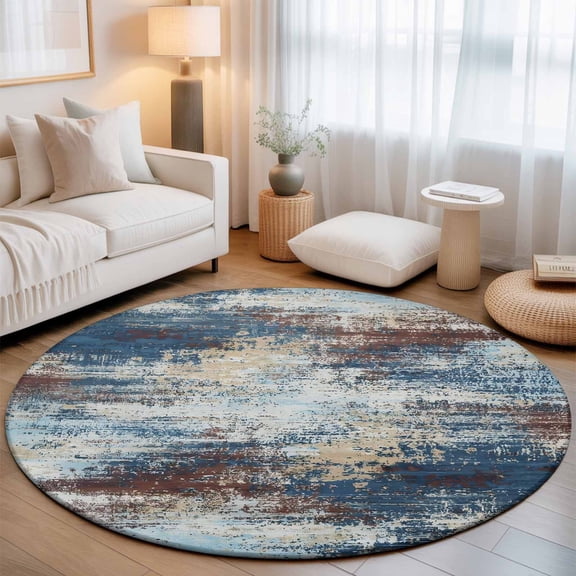 Dark Blue Washable Round Area Rug 3 ft, Brown Abstract Smoky Texture Distressed Mottled Ink Art, Soft Non Slip Rugs Stain Repellent Indoor Felt Carpet for Living Dining Room Bedroom Home Office