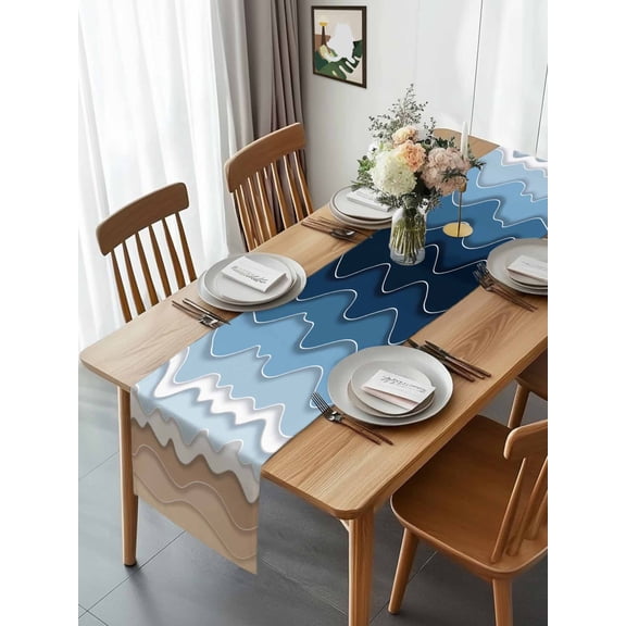 Dark Blue Water Ripple Wave Table Runner 13x70in Non-Slip Cotton Linen Table Runners, Summer Beach Abstract Geometric Dresser Scarves TableRunner for Dinner Kitchen Dining Wedding Party
