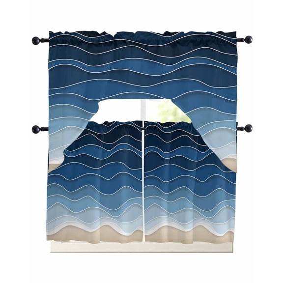Dark Blue Waves Kitchen Curtains Swag Valance and Tier Curtains Set 24 Inch Length, Modern Minimalism Ombre Sea Waves Rod Pocket Drape Panels Pair Swag Curtain for Bathroom/Cafe/Window