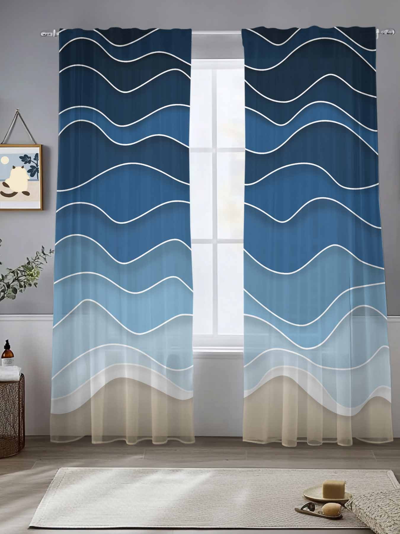 Dark Blue Waves Sheer Curtains for Living Room Bedroom Modern Minimalism  Ombre Sea Waves Sheer Curtains 96 Inch Long 2 Panels Set Light Filtering ..., image size:1350x1800