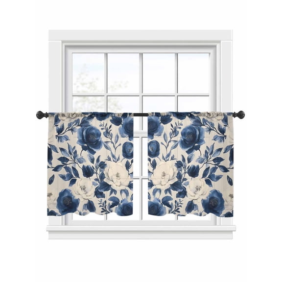 Dark Blue White Floral Sheer Curtains 2 Panels Set Vintage Flower Leaf Blossom Nostalgia Texture Sheer Window Curtains Light Filtering Rod Pocket Voile Drapes for Bedroom Living Room 52"x45"