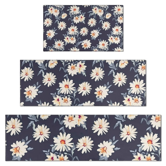 Dark Blue White Flower Pattern Kitchen Rugs Sets Of 3,Kitchen Runner Rugs Non Skid Washable,Decorative Kitchen Floor Mats for Kitchen,Sink,Laundry,17"x30"+ 17"x47" + 17"x59"