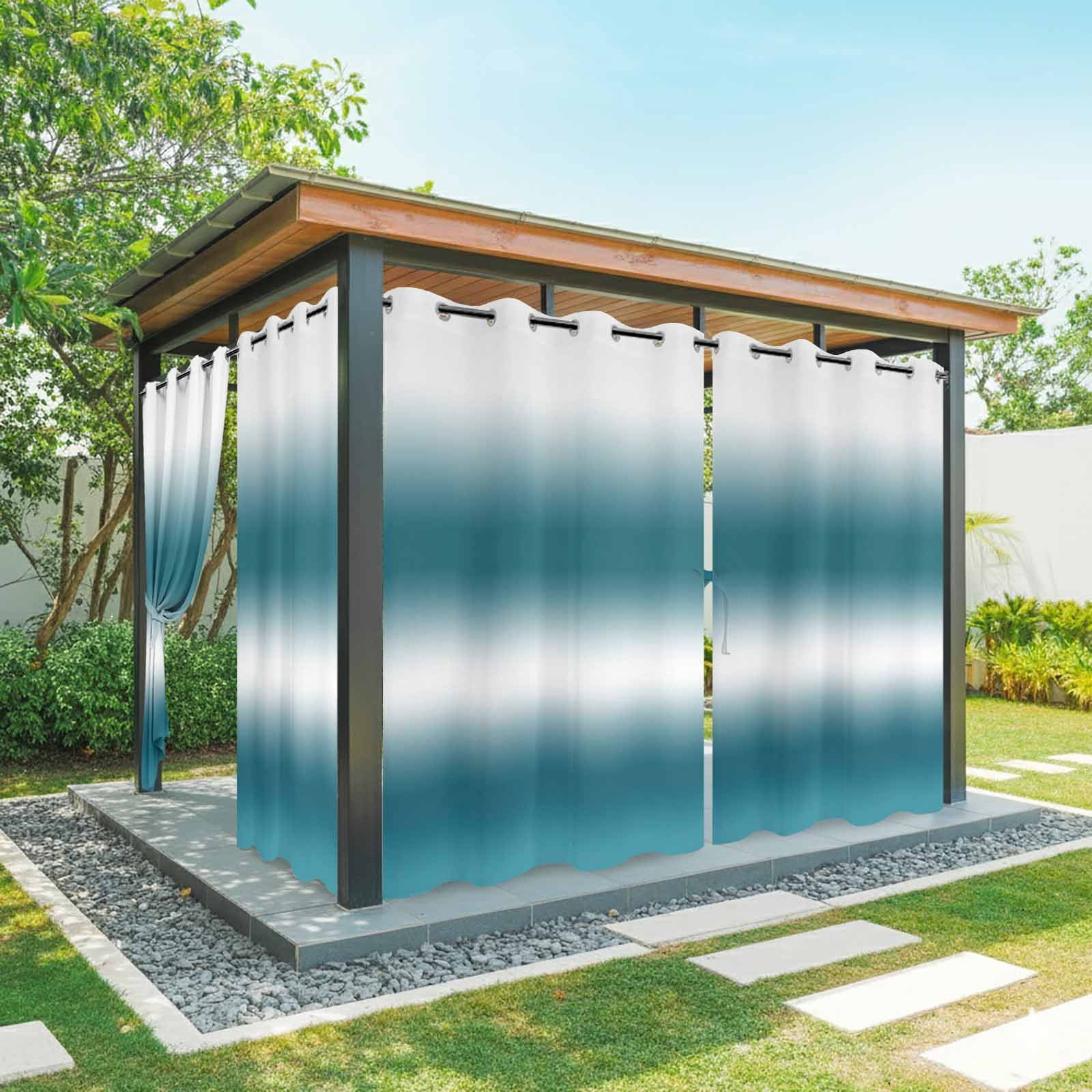 Dark Blue and White Gradient Outdoor Curtains for Patio, Minimalist Dark Cyan Ombre Modern Sunshade Privacy Drapes Grommet Waterproof Outside Curtains for Porch/Cabana/Balcony 54"x 95", 2 Panel