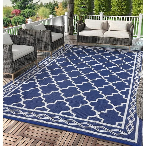 Dark Blue/White Modern Geometric Outdoor Rug Waterproof Textured Flat Weave Patio Mat For Deck Balcony RV
