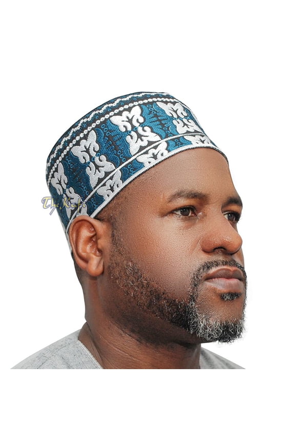 Dark Blue White Muslim Omani Kufi 4-Inch Tall Butterfly Motif Islamic African Fashion Prayer Hat