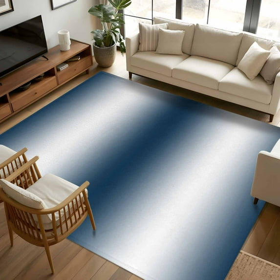 Dark Blue White Ombre 8x10 Area Rugs, Abstract Art Modern Blue Gradient Non-Skid Rubber Backing Large Rectangle Rugs - Living Room Bedroom Home Office, Indoor Floor Mat Carpets Washable Rug