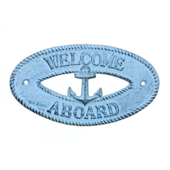 Dark Blue Whitewashed Cast Iron Welcome Aboard with Anchor Sign 8" - Metal Wall Plaque - Cast Iron Nautical Decor Sign