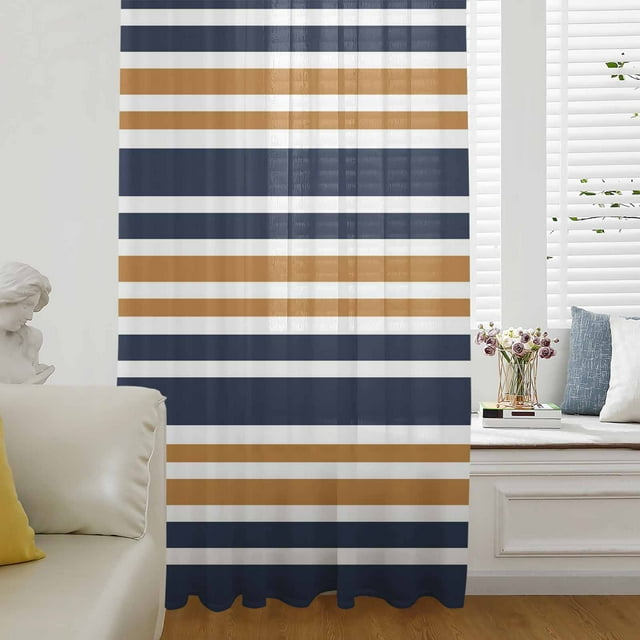 Dark Blue Window Curtain 108 Inches Long,Orange Horizontal Stripe