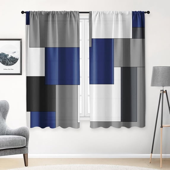 Dark Blue Window Curtains 63 Inch Length Geometric Window Curtains Over Sink Set of 2, Black Grey White Curtain for Bedroom Living Room, Modern Abstract Kitchen Decor 42x63 Inch
