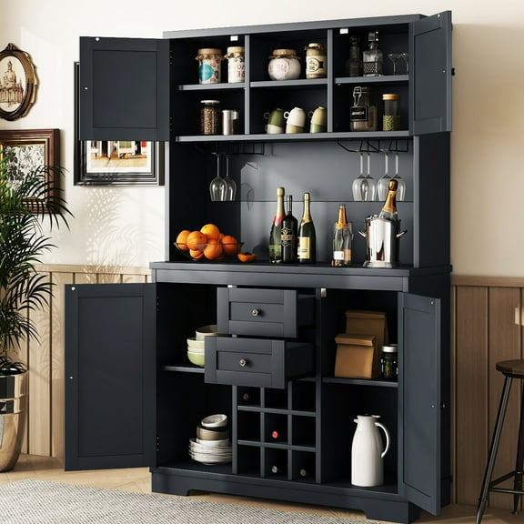 Dark Blue Wine Bar Cabinet With Storage - Coffee Drawers And Shelves For Kitchen In Antique With Cabinets, Drawers, Dining Room