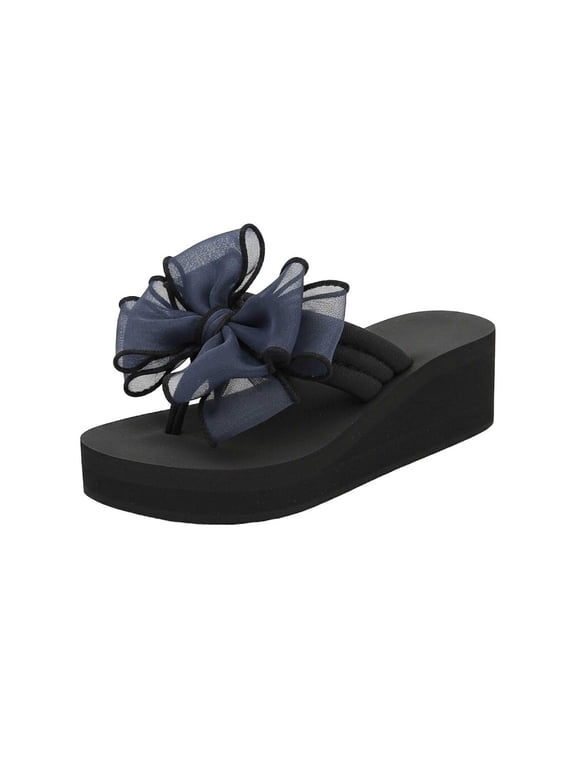 Dark Blue Women Platform Wedge Bow Slides Eva Thong Boho Comfy Summer Beach Casual Flip Flops
