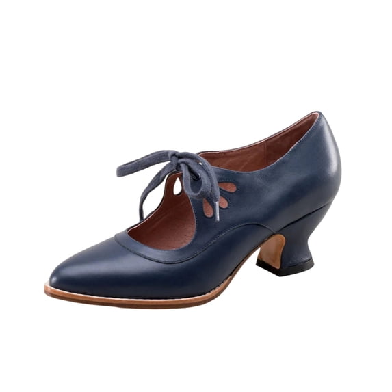 Dark Blue Women'S Chunky Heel Pumps With Lace-Up Ankle Strap, Hollow Out Design, Pu Upper For A Sophisticated Look
