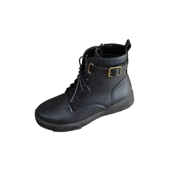 Dark Blue Women'S Leather Lace-Up Boots With Buckle Accent Low Heel For Autumn Winter Comfortable Use