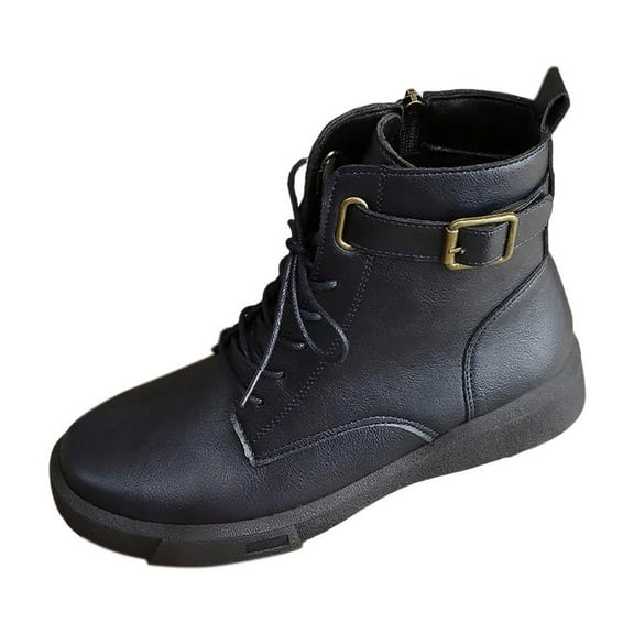 Dark Blue Women'S Low Heel Ankle Boots With Leather Material Lace-Up And Buckle For Fall Winter Fashion