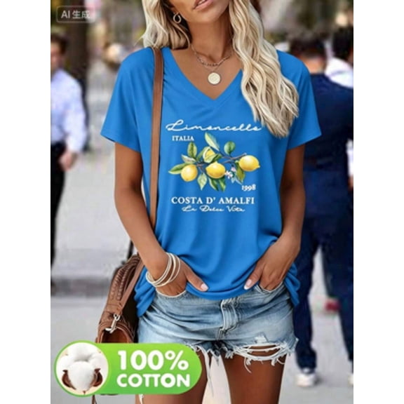 Dark Blue Womens Casual V-Neck Short-Sleeve T-Shirt With Limoncello Italia Lemon Branch Print