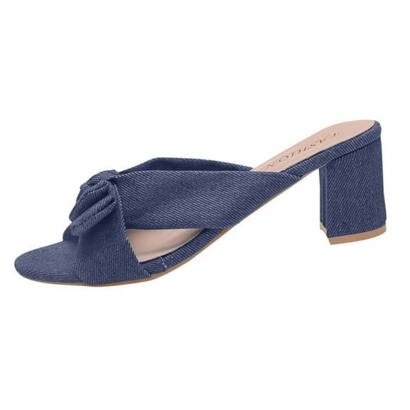 Dark Blue Womens Fashion Fabric Strap Sandals With Chunky Heel Casual Shoes For Summer And Fall In Dark Blue