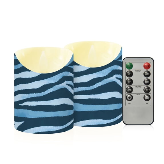 Dark Blue Zebra Pattern Flameless Candles 2 PCS with Remote Realistic Moving Flame LED Tapered Pillar Set for Home Decor