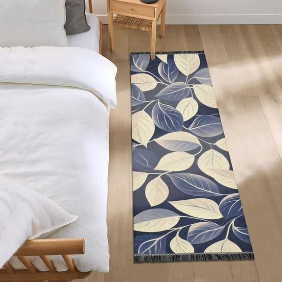 Dark Blue and Beige Leaves Bedside Runner Rug 2'x 6' Non Slip Carpet Floor Mat Area Rug