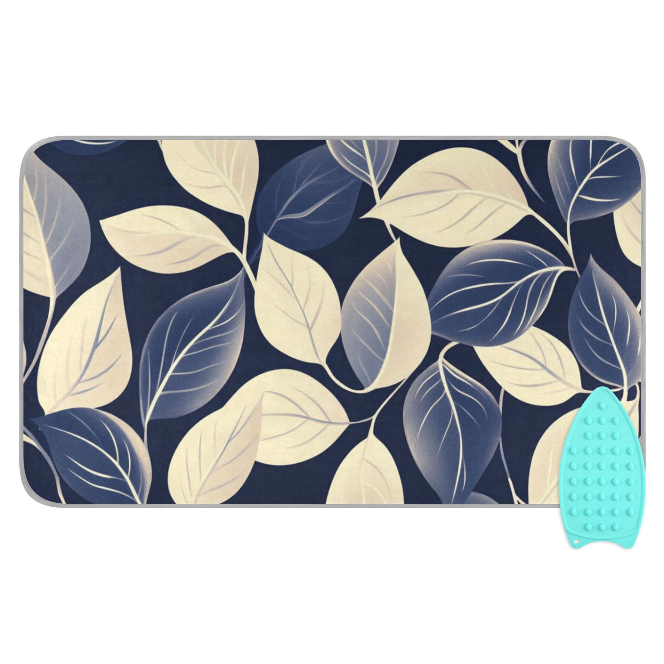 Dark Blue and Beige Leaves Ironing Mat Blanket Portable Travel Ironing Pad Heat Resistant Pad 47.2" x 27.6”