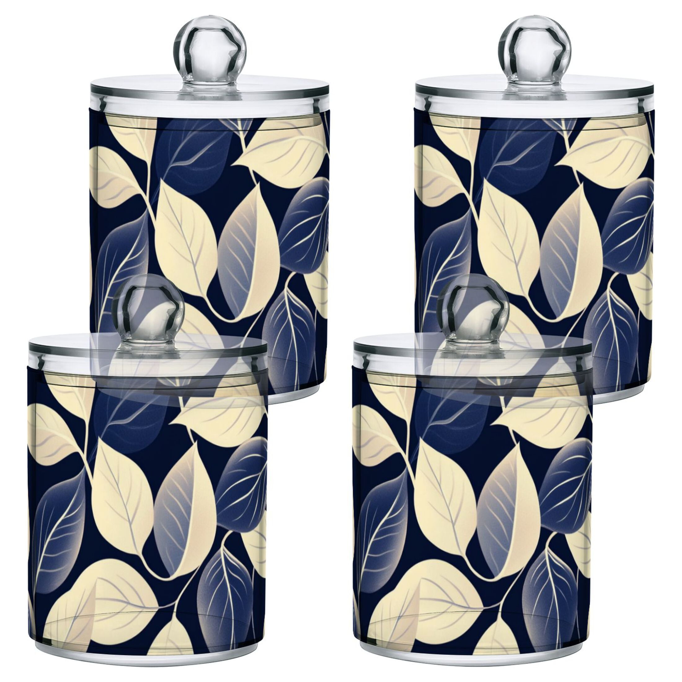Dark Blue and Beige Leaves Translucent Plastic Cans Storage Canisters ...