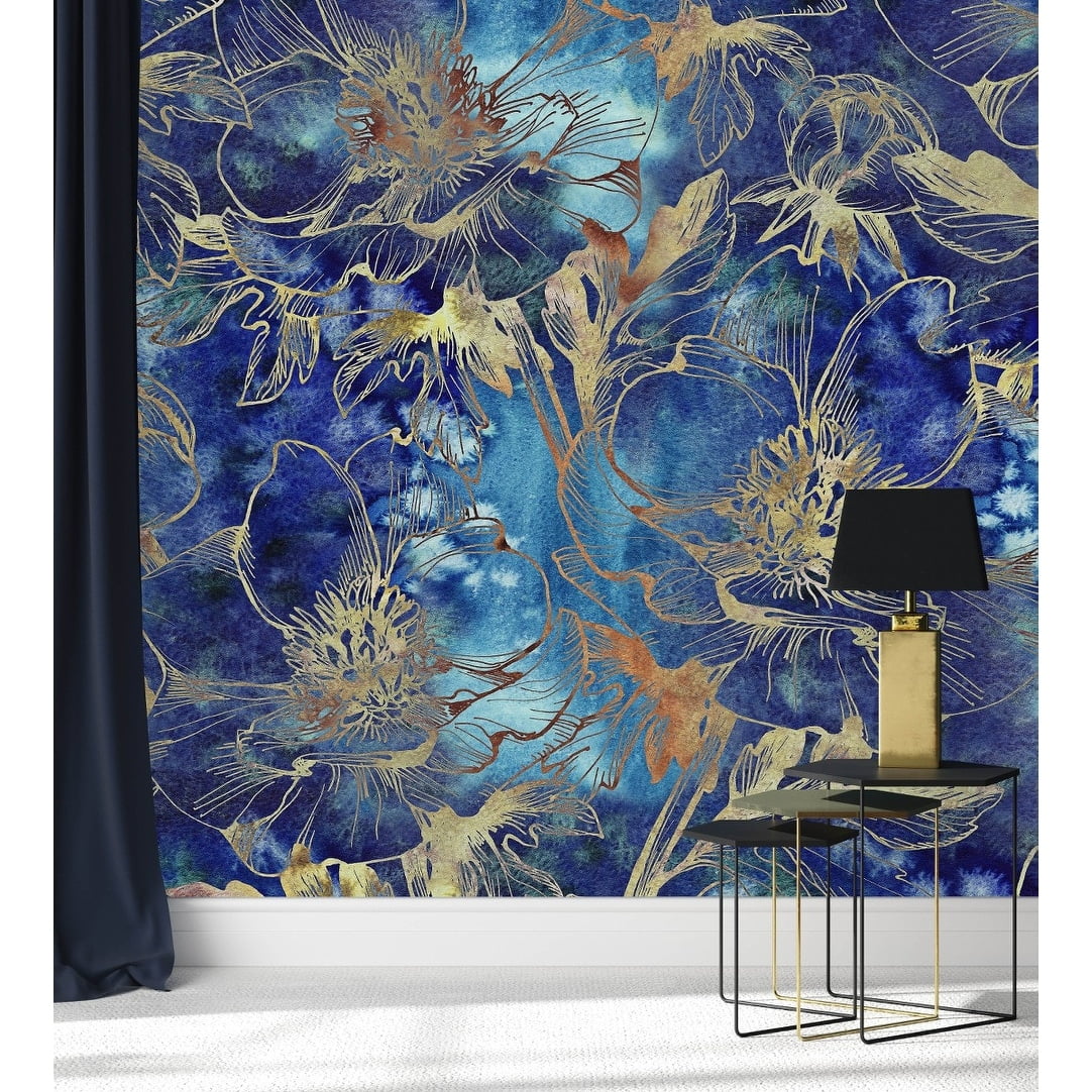 Dark Blue and Gold Floral Wallpaper Pre-Pasted - 125
