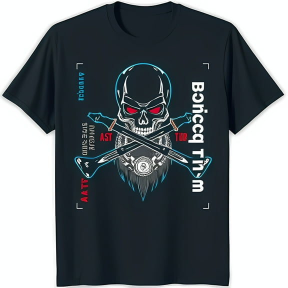 Dark Blue and T-Shirt with Red Eyes and Black Beard Unique Graphic Tee