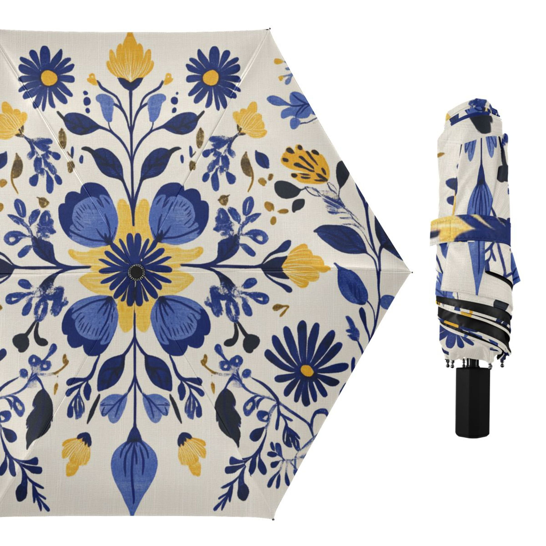 Dark Blue and Yellow Flowers Symmetrical All Weather Umbrella Triple Folding Parasol 6 Ribs UV Protection Portable