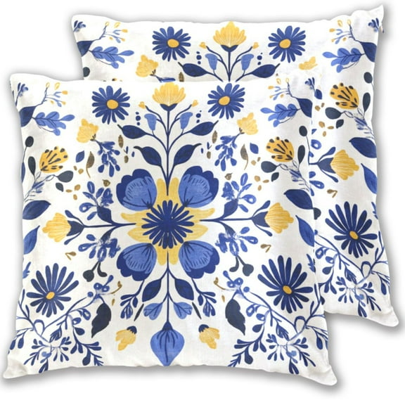 Dark Blue and Yellow Flowers Symmetrical Throw Pillow Covers Pillowcases 16 x 16 Inch Home Decor 2 Packs for Bedroom Sofa