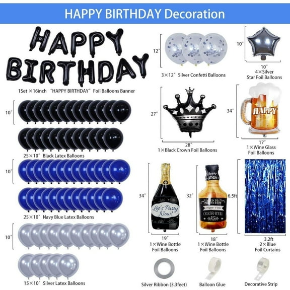 Dark Blue and black Happy Birthday Party Decorations Set for Men Boys Banner, Crown Balloon, for 13th 16th 18th 21st 25th 30th 40th 50th 60th 70th Party Supplies