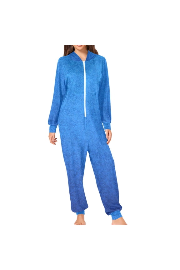 Dark Blue with Flower Pattern Adult's Hoodie Onesie Jumpsuit One-Piece Pajamas with Zipper Unisex for Holiday XL