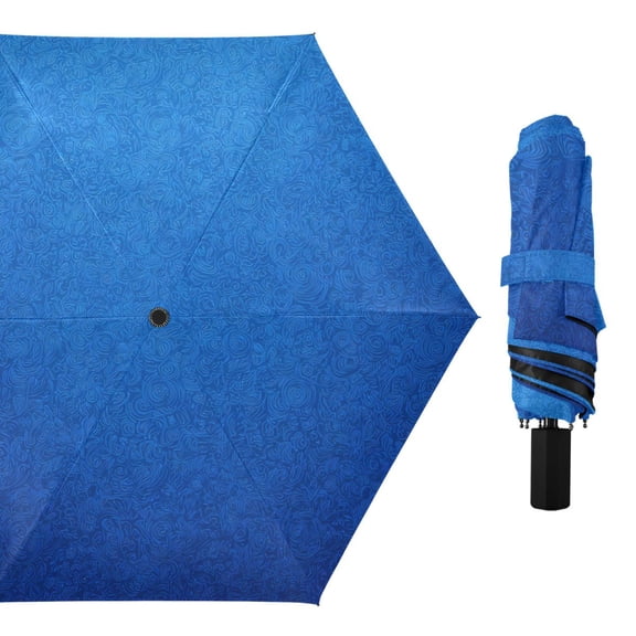 Dark Blue with Flower Pattern All Weather Umbrella Triple Folding Parasol 6 Ribs UV Protection Portable