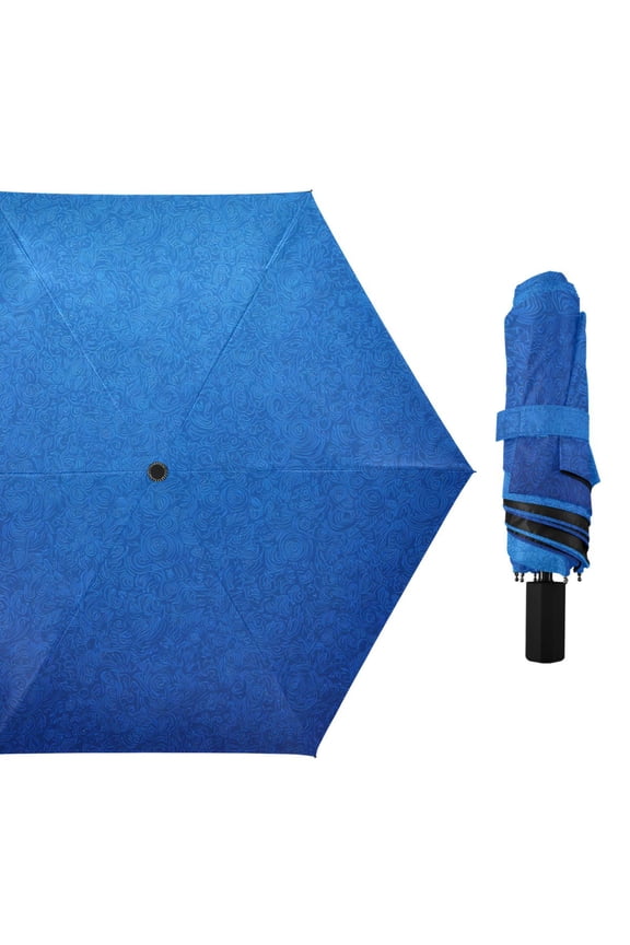 Dark Blue with Flower Pattern All Weather Umbrella Triple Folding Parasol 6 Ribs UV Protection Portable