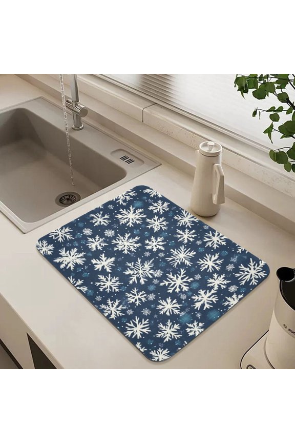 Dark Blue with Snowflakes Dish Drying Mat for Kitchen Counter Absorbent Drainer Mats (15.7X11.8inch)
