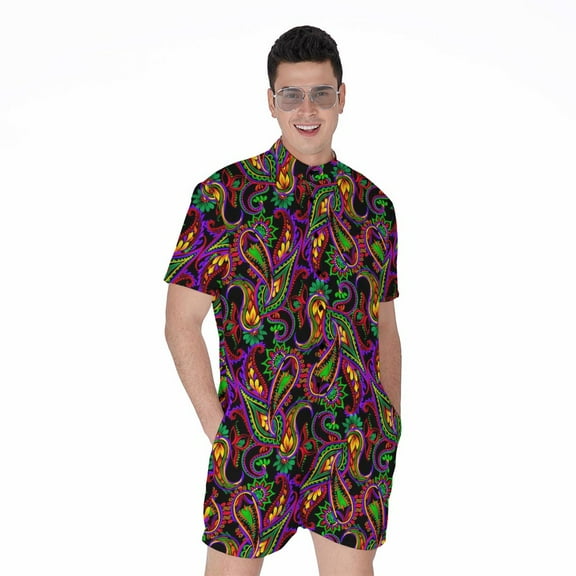 Dark Bohemian Paisley Pattern Short Sleeve Men'S Rompers Casual Summer Jumpsuits Outfit