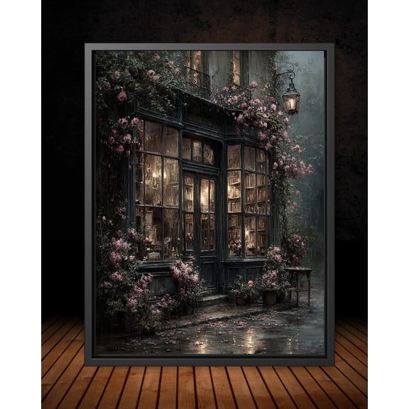Dark Bookshop Art Poster, Romantic Vintage Library Wall Art With Pink Climbing Roses, Unframed Poster Size 8x12