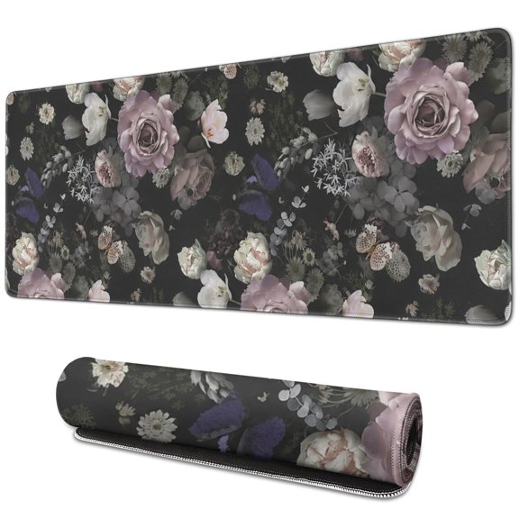 Dark Botanical Art Print Large Mouse Pad, Keyboard & Mouse Desk Mat for Home Office, Laptop Work, Gaming & Desktop Decor, 31.5 x 11.8 in